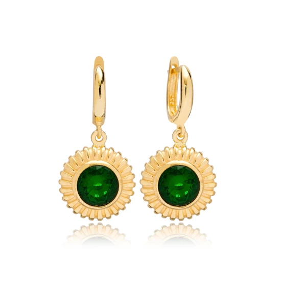 Dainty Round Emerald Dangle Sterling Silver Earrings | 925 Sterling Silver Wholesale | Sade Silver Dainty Round Emerald Dangle Sterling Silver Earrings - Sade 925 Silver Jewelry