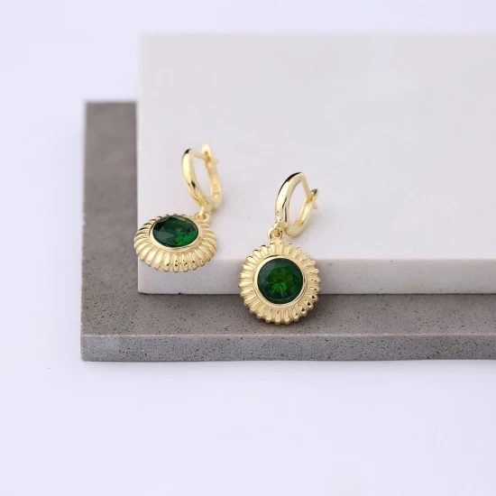 Dainty Round Emerald Dangle Sterling Silver Earrings | 925 Sterling Silver Wholesale | Sade Silver Dainty Round Emerald Dangle Sterling Silver Earrings - Sade 925 Silver Jewelry