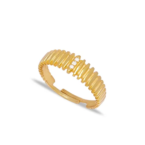 Narrow Ribbed Band CZ Adjustable Sterling Silver Ring