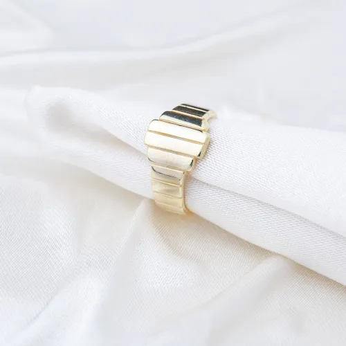 Wide Rectangle Ribbed Band Adjustable 925 Silver Ring