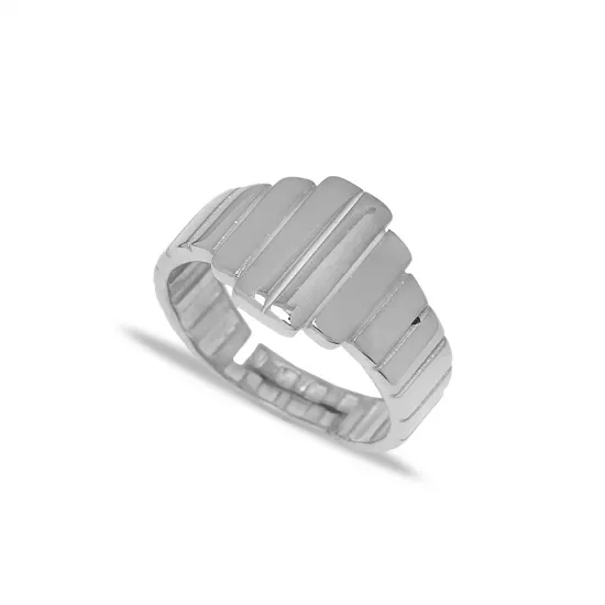 Wide Rectangle Ribbed Band Adjustable 925 Silver Ring