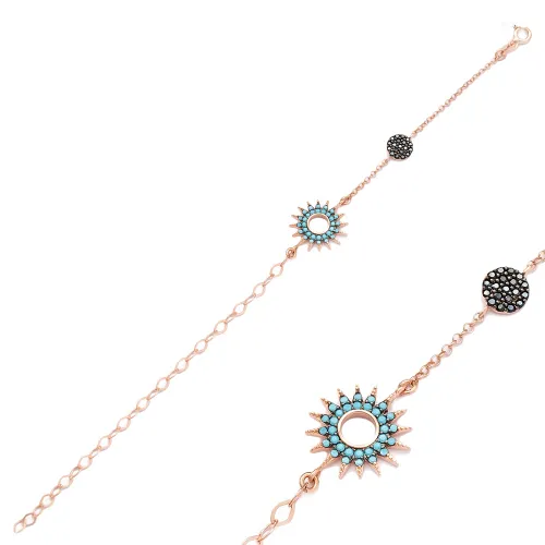 Sun Turquoise Round Black Ink Sterling Silver Bracelet