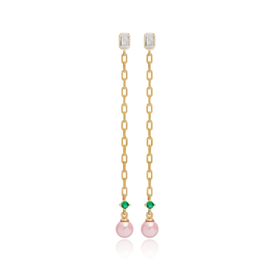 Pink Mallorca Pearl Long 925 Sterling Silver Earrings