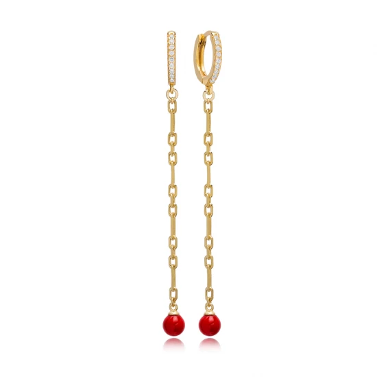 Red Mallorca Pearl Long 925 Sterling Silver Earrings