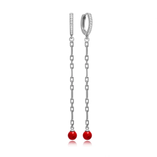 Red Mallorca Pearl Long 925 Sterling Silver Earrings