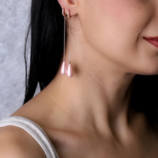 Drop Pink Mallorca Pearl Long Sterling Silver Earrings