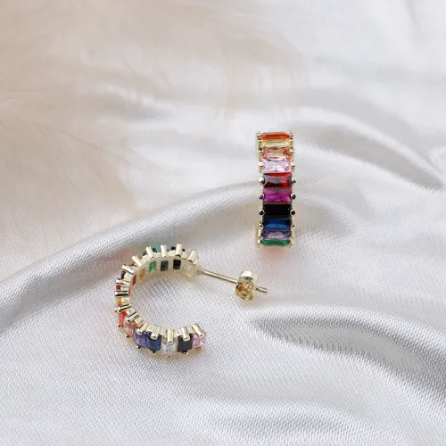 Rainbow CZ Baguette 925 Sterling Silver Earrings