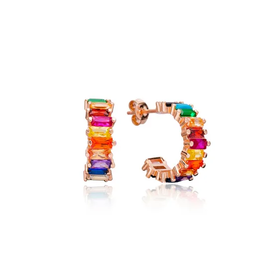 Rainbow Zirconia Stone Baguette Stud Design Hoop Earrings Turkish Handmade Wholesale 925 Sterling Silver Jewelry