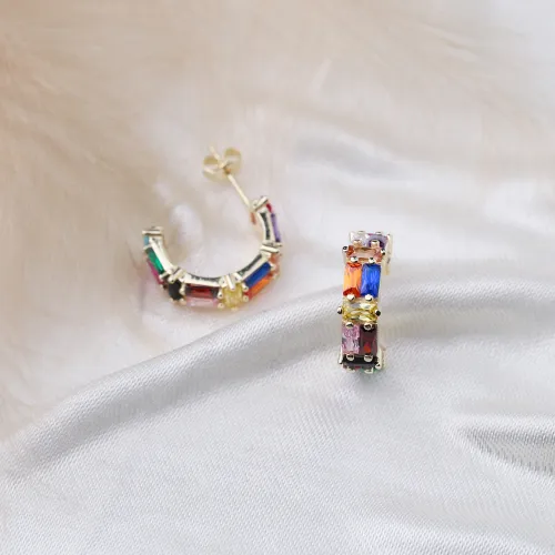 Stylish Rainbow CZ Baguette Sterling Silver Earrings
