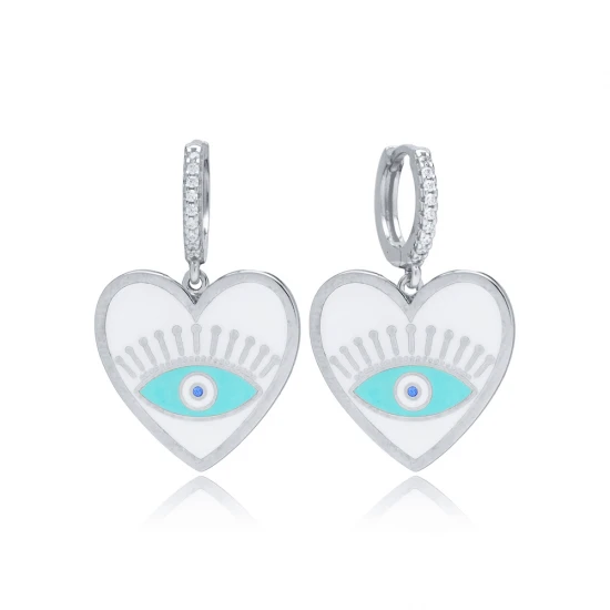 Heart Enamel Evil Eye Dangle Sterling Silver Earrings