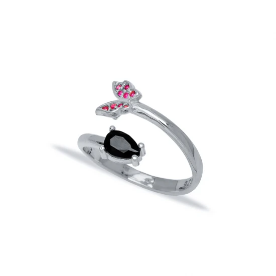 Ruby Black CZ Two Open Butterfly Sterling Silver Ring | 925 Sterling Silver Wholesale | Sade Silver Ruby Black CZ Two Open Butterfly Sterling Silver Ring - Sade 925 Silver Jewelry