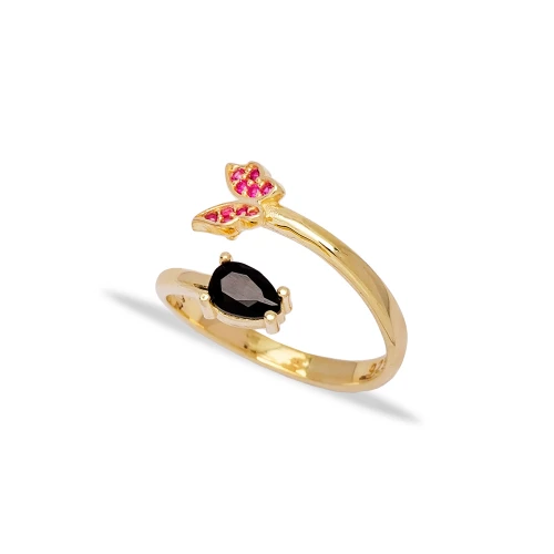 Ruby Black CZ Two Open Butterfly Sterling Silver Ring