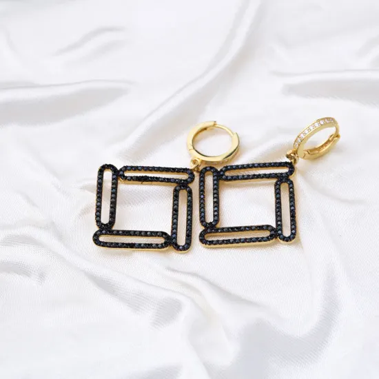 Geometric Black CZ Dangle 925 Sterling Silver Earrings