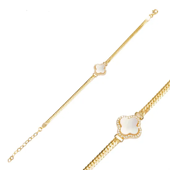 Trendy Four Clover Design Mother of Pearl Stone Charm Bracelet Handmade Wholesale Turkish 925 Sterling Silver Jewelry