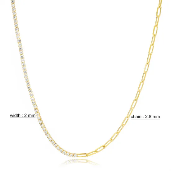 Half Tennis Half Link Chain Side Choker Silver Necklace - Sade 925 Silver Jewelry