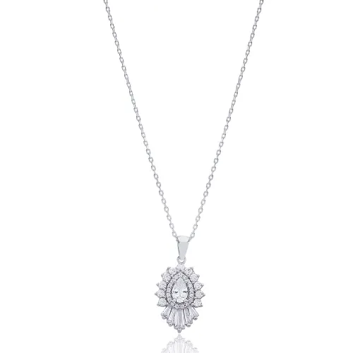 Clear Pear Sunburst Halo CZ 42 Plus 5cm Silver Necklace