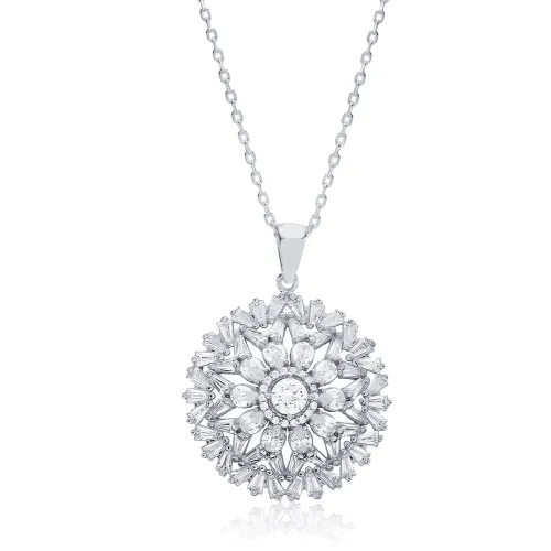 Round Sunray Flower CZ 45 Plus 5cm 925 Silver Necklace