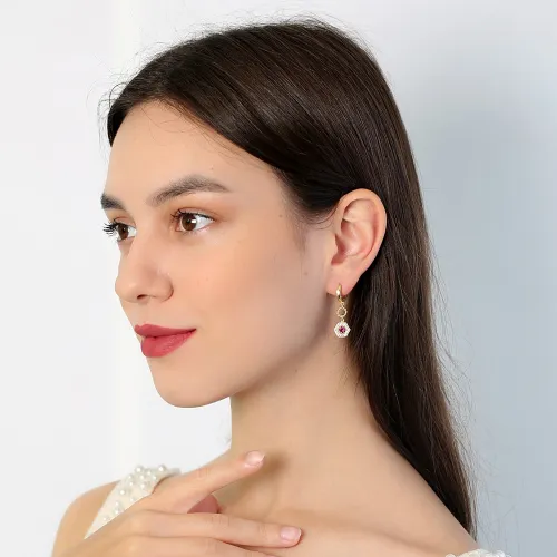 Ruby Hexagon Shape Dangle For Woman 925 Silver Earrings