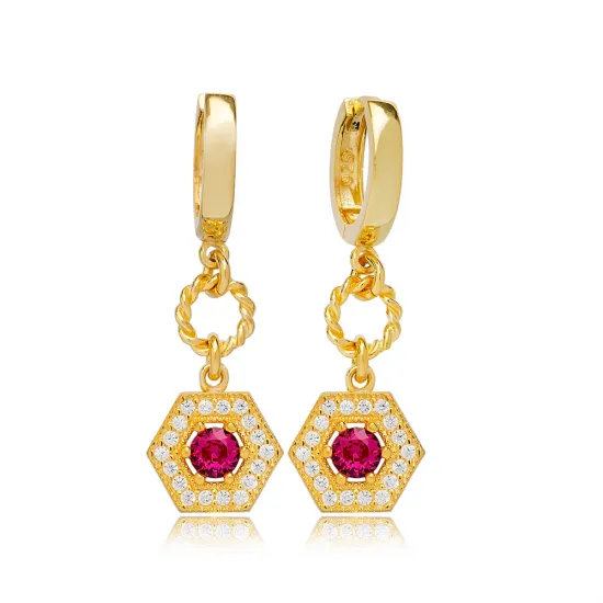 Ruby Hexagon Shape Dangle Earrings Turkish Wholesale 925 Sterling Silver For Woman Jewelry Ruby Hexagon Shape Dangle Earrings Turkish Wholesale 925 Sterling Silver For Woman Jewelry