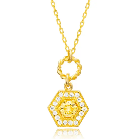 Citrine Hexagon Hollow Chain Sterling Silver Necklace Citrine Hexagon Hollow Chain Sterling Silver Necklace