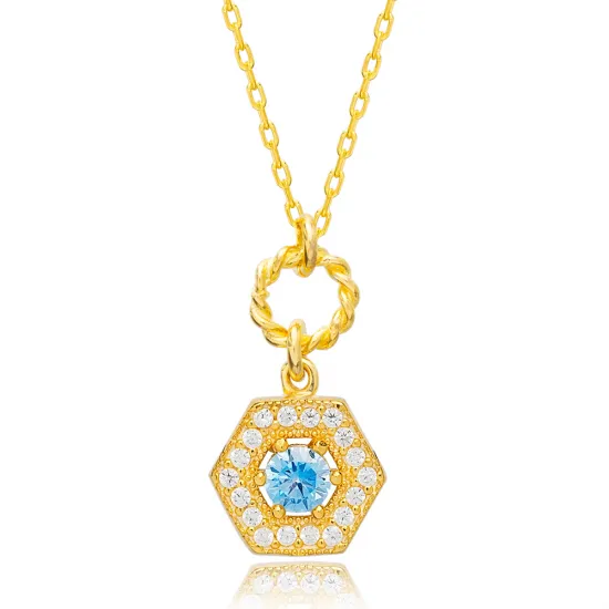 Delicate Hexagon Hollow Chain Aquamarine Charm Necklace Wholesale Turkish 925 Sterling Silver Jewelry Delicate Hexagon Hollow Chain Aquamarine Charm Necklace Wholesale Turkish 925 Sterling Silver Jewelry