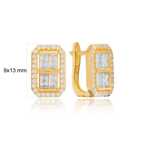 Rectangle Round And Baguette Latch Back Silver Earrings