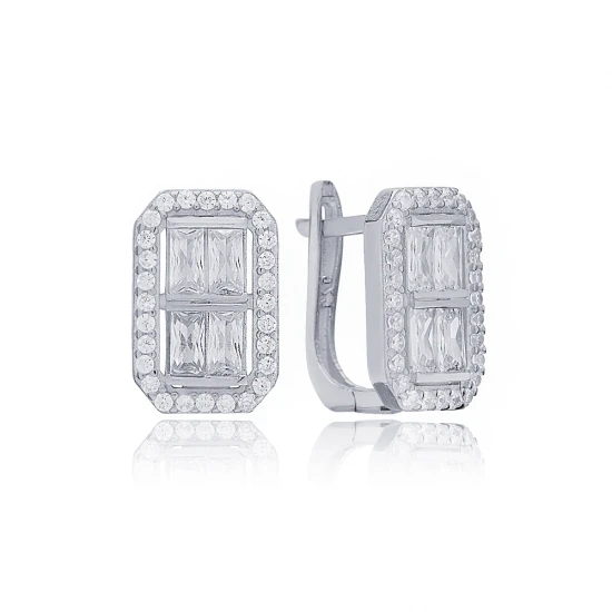 Rectangle Round And Baguette Latch Back Silver Earrings Rectangle Round And Baguette Latch Back Silver Earrings
