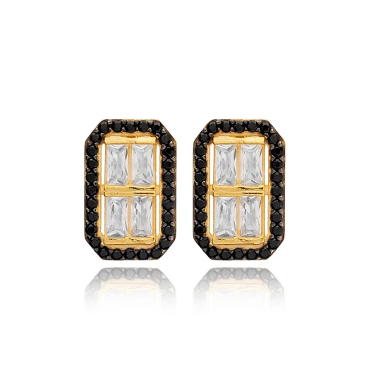 Black And White Rectangle Latch Back Silver Earrings Black And White Rectangle Latch Back Silver Earrings