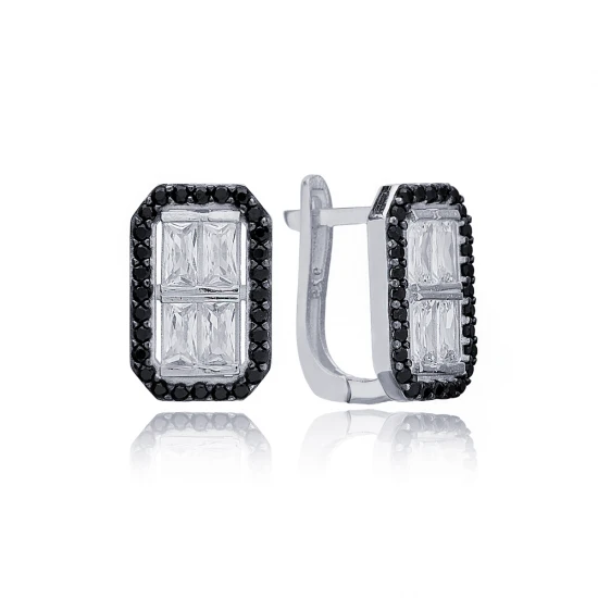 Black And White Rectangle Latch Back Silver Earrings Black And White Rectangle Latch Back Silver Earrings