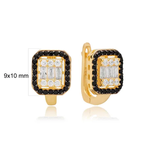 Square Black And White Latch Back 925 Silver Earrings
