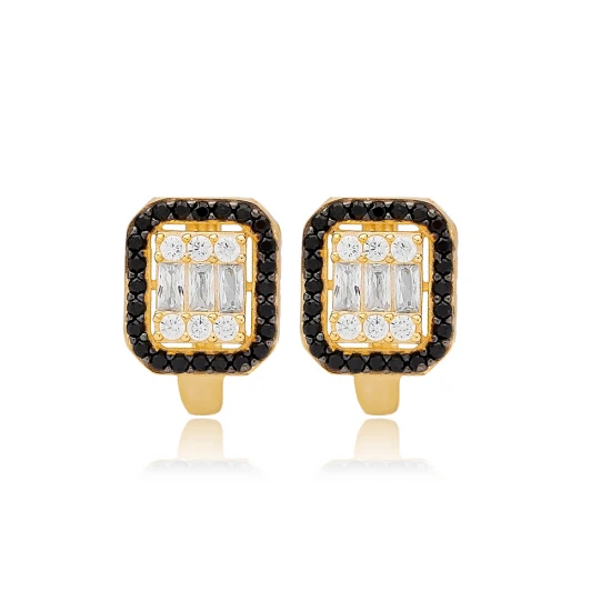 Square Black And White Latch Back 925 Silver Earrings Square Black And White Latch Back 925 Silver Earrings