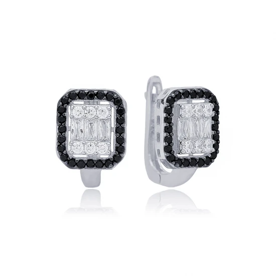 Square Black And White Latch Back 925 Silver Earrings Square Black And White Latch Back 925 Silver Earrings