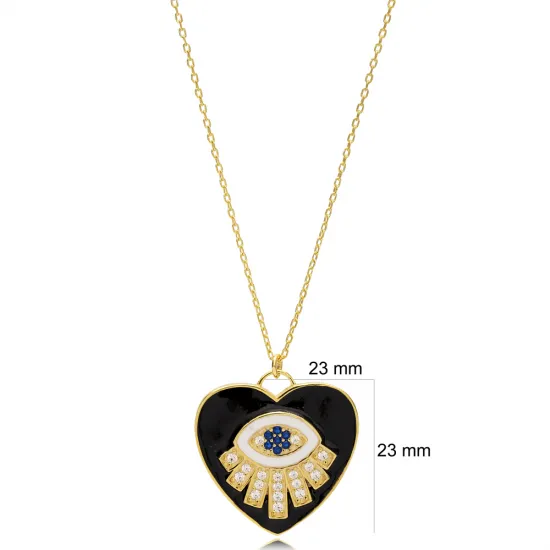 Eye and Black Heart Design Enamel Pendant Turkish Wholesale 925 Sterling Silver Jewelry