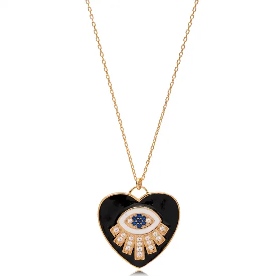 Eye and Black Heart Design Enamel Pendant Turkish Wholesale 925 Sterling Silver Jewelry