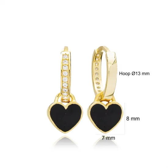 Black Enamel Heart Dangle 925 Sterling Silver Earrings