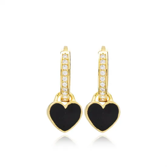 Black Enamel Heart Dangle 925 Sterling Silver Earrings