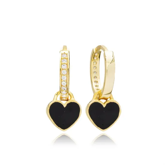 Black Enamel Heart Dangle 925 Sterling Silver Earrings