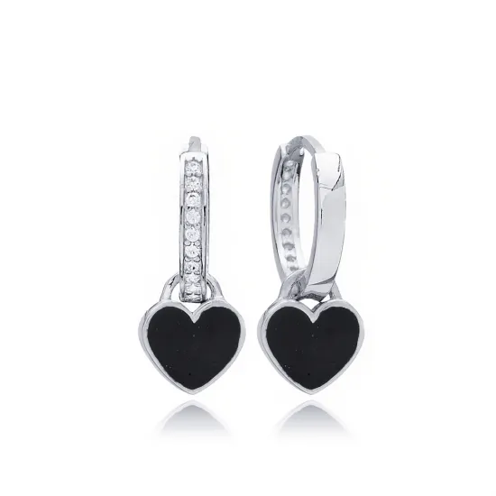 Black Enamel Heart Dangle 925 Sterling Silver Earrings