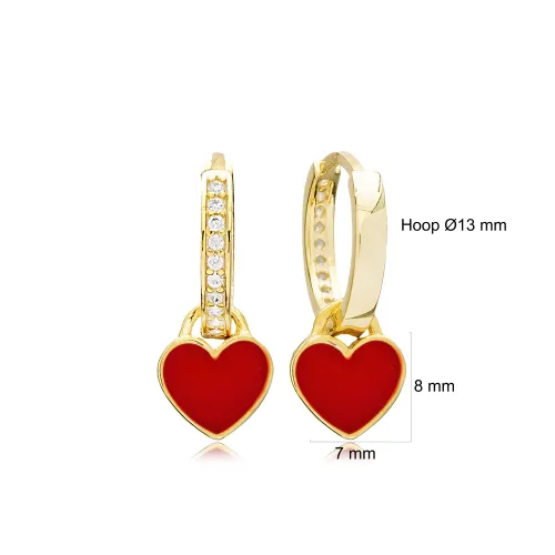 Red Enamel Heart Minimalist Dangle 925 Silver Earrings
