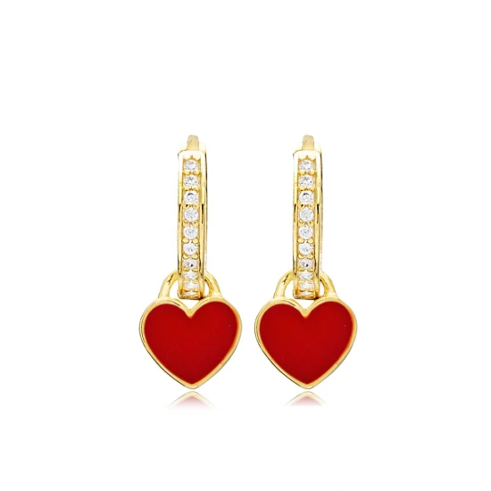 Red Enamel Heart Minimalist Dangle 925 Silver Earrings