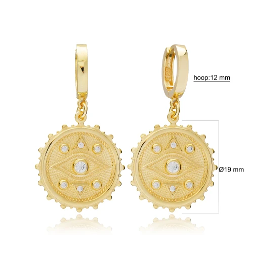 Eye Round Dangle 925 Sterling Silver Earrings