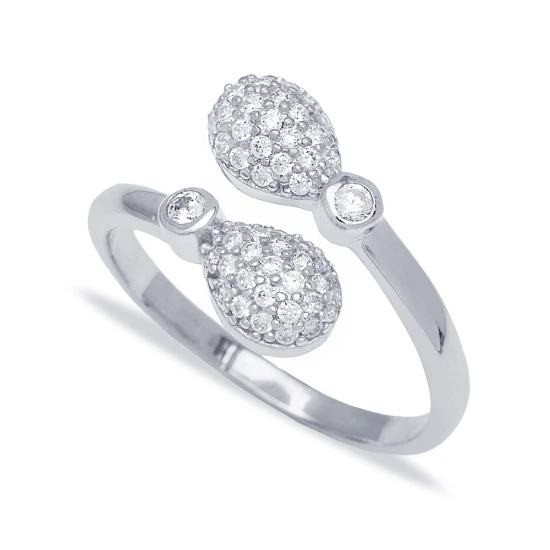 Clear Double Pear Open CZ Adjustable 925 Silver Ring | 925 Sterling Silver Wholesale | Sade Silver Clear Double Pear Open CZ Adjustable 925 Silver Ring - Sade 925 Silver Jewelry