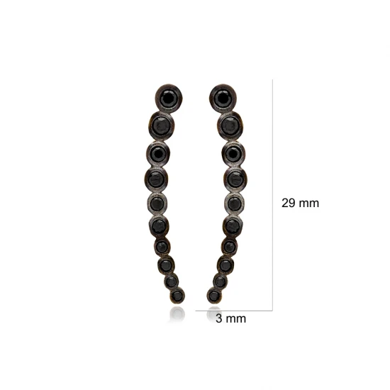 Minimalist Black CZ Round Climber 925 Silver Earrings