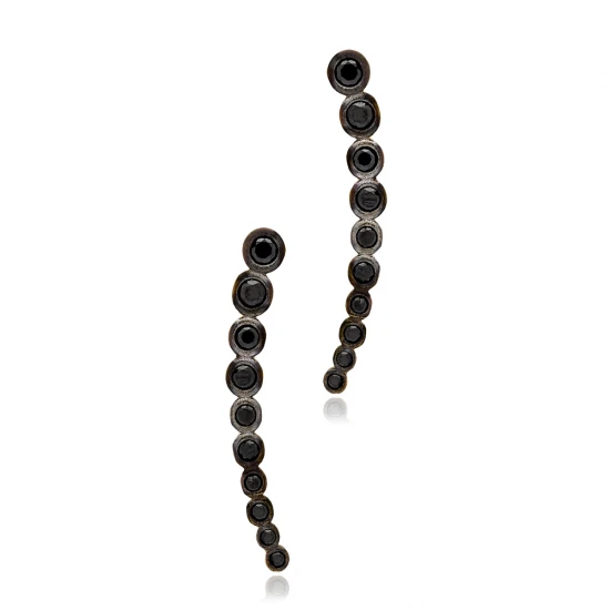 Minimalist Black CZ Round Climber 925 Silver Earrings