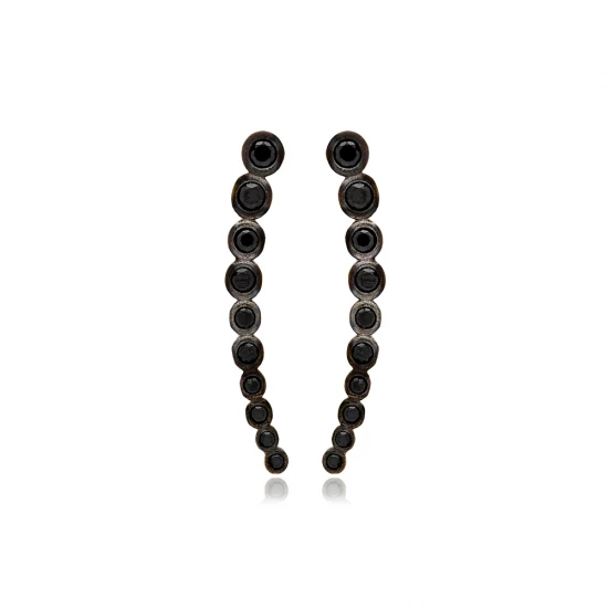 Minimalist Black CZ Round Climber 925 Silver Earrings