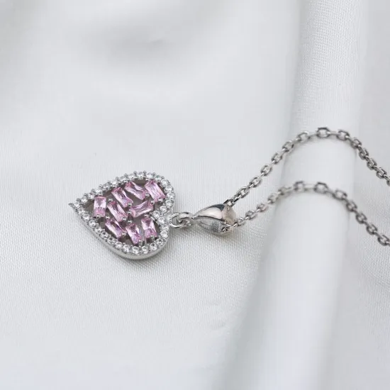 Pink CZ Stone Dainty Charm Necklace Silver Jewelry Pink CZ Stone Dainty Charm Necklace Silver Jewelry