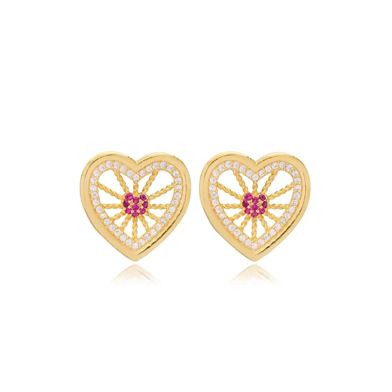Heart Pattern Ruby 925 Sterling Silver Earrings | 925 Sterling Silver Wholesale | Sade Silver Heart Pattern Ruby 925 Sterling Silver Earrings - Sade 925 Silver Jewelry
