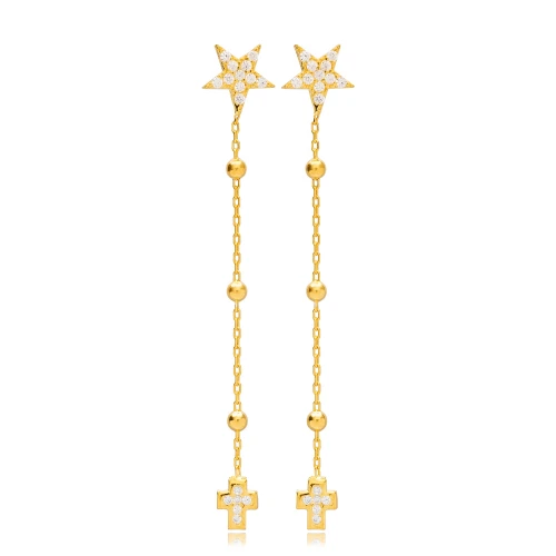 Star Cross Ball Chain Long 925 Sterling Silver Earrings