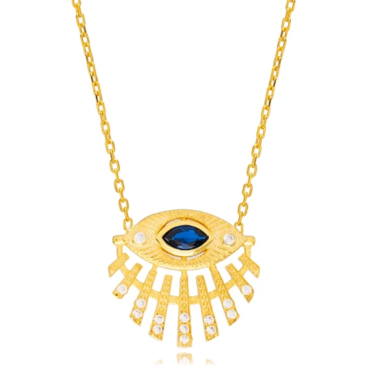 Sapphire Evil Eye Sterling Silver Necklace | 925 Sterling Silver Wholesale | Sade Silver Sapphire Evil Eye Sterling Silver Necklace - Sade 925 Silver Jewelry