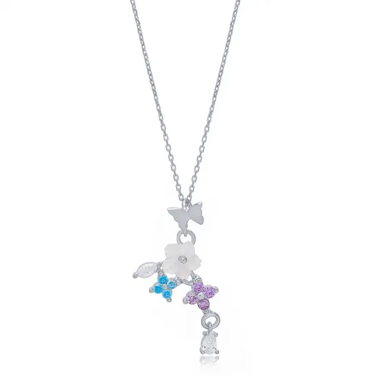 Multicolor Fresh Simple Summer Collection Flower Butterfly Charm Necklace Pendant Turkish 925 Sterling Silver Jewelry Multicolor Fresh Simple Summer Collection Flower Butterfly Charm Necklace Pendant Turkish 925 Sterling Silver Jewelry